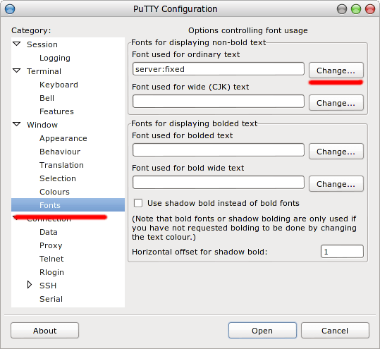изменение шрифта putty